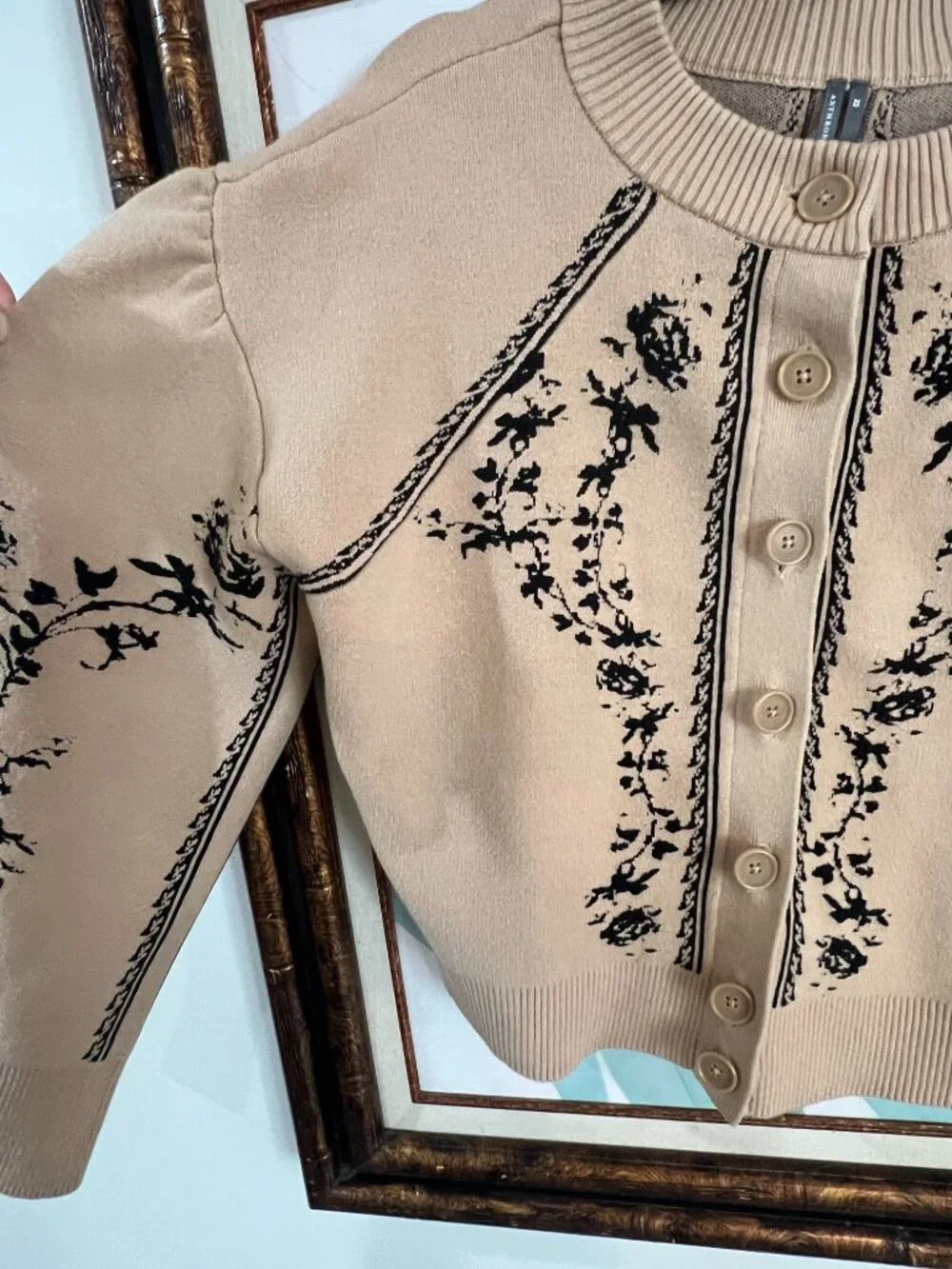 Anthropologie Embroidered Cardigan XS | Tan Floral Knit | Feminine Puff Sleeve - Picture 7 of 15